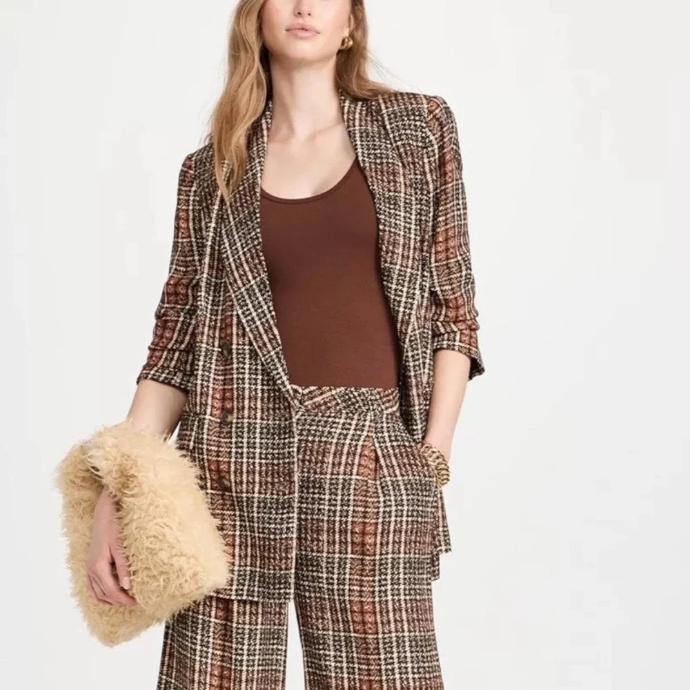 L'Agence Jayda Brown Tweed Print Lightweight Crepe Oversized Blazer Jacket NWT